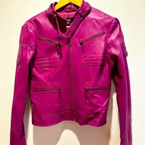 Excellent Bebe Fuscia Leather Moto Jacket, L